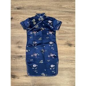 Girls Double Peach Blue Satin Qipao Dress Size 8 Chinese Cheongsam Floral Vtg